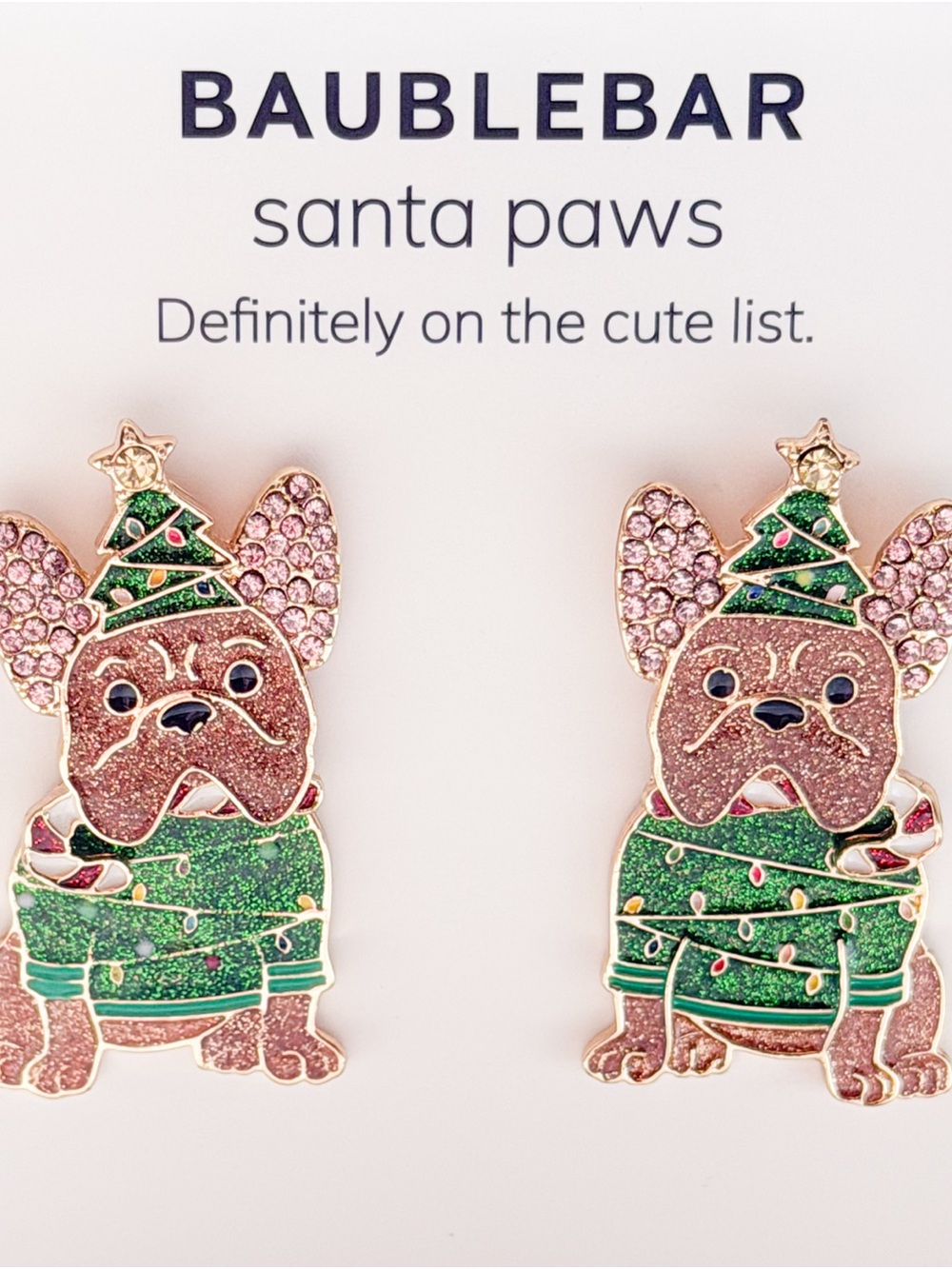 BaubleBar Santa Paws French Bulldog Crystal Christmas Stud Earrings NIB